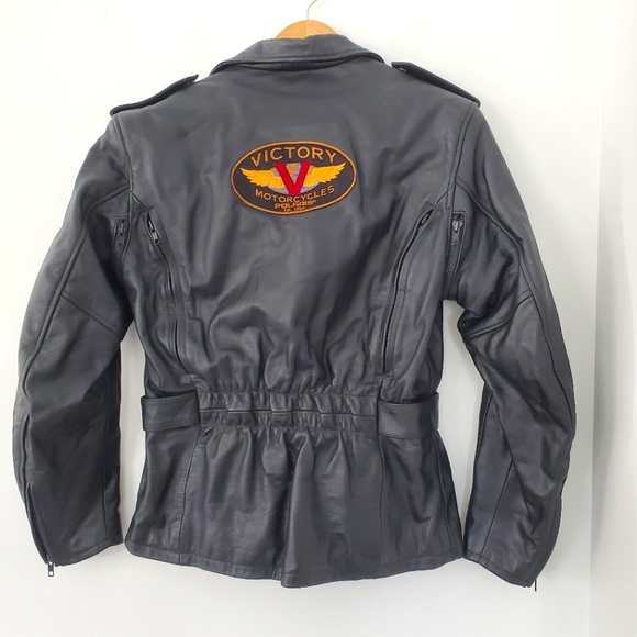 VICTORY MOTORCYCLE Women M Black Leather Moto Zips Jacket Belted Logos V… - Picture 16 of 16